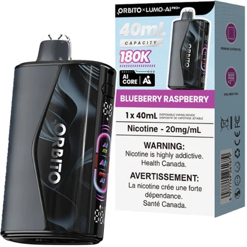 Orbito Lumo AI Pro+ 180K Blueberry Raspberry disposable vape, 40mL, Ontario stamp