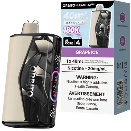 Orbito Lumo AI Pro+ 180K Grape Ice disposable vape, 40mL, Ontario stamp