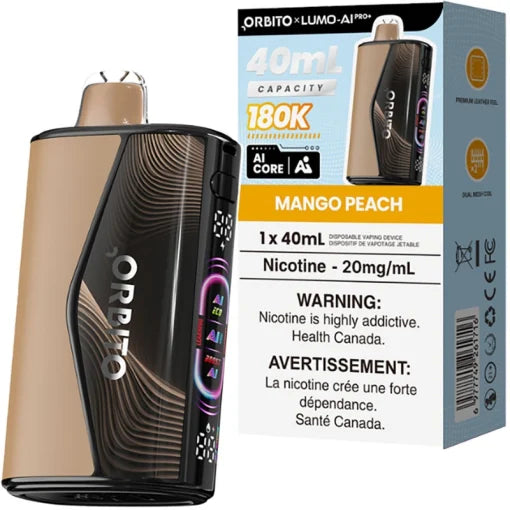 Orbito Lumo AI Pro+ 180K Mango Peach disposable vape, 40mL, Ontario stamp