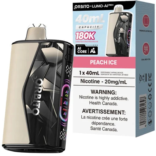 Orbito Lumo AI Pro+ 180K Peach Ice disposable vape, 40mL, Ontario stamp