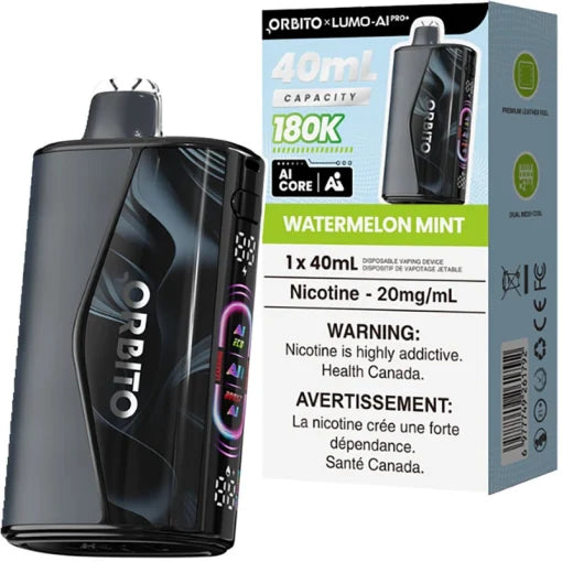 Orbito Lumo AI Pro+ 180K Watermelon Mint disposable vape, 40mL, Ontario stamp